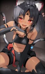 1girl absurdres animal_ears black_background black_bridal_gauntlets black_hair black_shorts blush breasts bridal_gauntlets cat_ears cat_girl cat_tail commentary_request dark_skin facial_mark highres mechanical_tail midriff multiple_tails navel nekomata nekomiya_mana open_mouth red_eyes shorts small_breasts solo squatting stomach sweat tail thomas_8000 torn_bridal_gautlets torn_clothes triangle triangle_facial_mark two_tails zenless_zone_zero