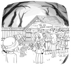 Rule 34 | 4girls, :d, anne (reverse:1999), bare tree, blonney, boater hat, bow, clenched hands, coat, dress, facing away, full body, grass, greyscale, hair bun, hands up, hat, hat bow, highres, house, jacket, korean text, lineart, log, long hair, looking at another, midriff, monochrome, muffin vermeer, multiple girls, off shoulder, open mouth, reverse:1999, short hair, shorts, single side bun, skirt, smile, sonetto (reverse:1999), speech bubble, sports bra, standing, translation request, tree, upper body, vertin (reverse:1999)