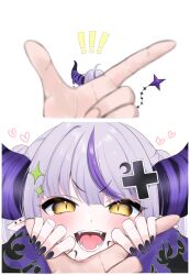 ! !! 39m27 absurdres ahoge black_horns black_nails blush commentary crescent crescent_hair_ornament cross_hair_ornament demon_horns demon_tail ear_piercing fangs hair_ornament heart highres hololive horns la+_darknesss multicolored_hair multicolored_horns nail_polish open_mouth piercing pointy_ears purple_hair purple_horns signature smile sparkle_hair_ornament symbol-only_commentary tail virtual_youtuber yellow_eyes
