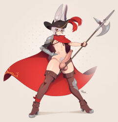 1boy animal_ears armor artist_name axe black_hat cape commentary commission english_commentary erection full_body glasses hair_between_eyes hat high_heels highres holding holding_axe large_penis male_focus male_pubic_hair matemi navel nipples original patreon_username pectorals penis penis_piercing piercing pubic_hair rabbit_boy rabbit_ears rabbit_tail red_cape red_hair shadow shoes short_hair simple_background smile solo standing stomach tail teeth testicles veins veiny_penis white_hair