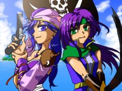 1980s_(style) 1990s_(style) 2girls androgynous bandana detached_sleeves earrings faris_scherwiz female_focus final_fantasy final_fantasy_ii final_fantasy_v green_eyes gun headband jewelry leila long_hair mint_ruby_vyude multiple_girls necklace ocean retro_artstyle purple_eyes purple_hair retro_artstyle reverse_trap shoulder_pads sword weapon wristband