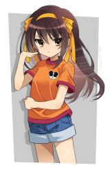 Rule 34 | 1girl, aged down, animal print, bear print, border, brown eyes, brown hair, closed mouth, denim, denim shorts, grey background, hair ribbon, hairband, hand up, highres, kuuma25 kuma, legs, long hair, orange shirt, panda print, ribbon, shirt, short sleeves, shorts, simple background, solo, standing, suzumiya haruhi, suzumiya haruhi (young), suzumiya haruhi no yuuutsu, watermark, white border, yellow hairband, yellow ribbon