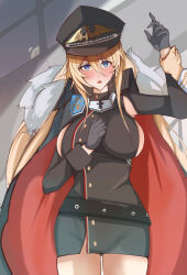 1boy 1girl absurdres azur_lane bismarck_(azur_lane) black_dress black_gloves blonde_hair blue_eyes blush breasts cape commentary_request dress embarrassed gear0710 gloves groin hair_between_eyes hand_on_own_chest hand_up hands_up hat highres holding_another&#039;s_wrist jacket large_breasts long_hair long_sleeves looking_at_viewer microdress military_hat short_dress shy sideboob sideboob_cutout solo_focus thighs very_long_hair white_jacket