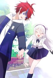 1boy 1girl ahoge black_ribbon black_socks blue_eyes blush closed_eyes eyelashes fingernails hair_between_eyes holding_hands hood hoodie jacket kashimiya_karua long_hair looking_at_another looking_back messy_hair multicolored_eyes open_mouth pants pleated_skirt purple_pants purple_skirt red_eyes red_hair ribbon shirt skirt socks sumino_takumi the_hundred_line_-last_defense_academy- tree white_hair white_hoodie white_jacket white_shirt