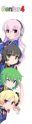 10s 4girls akechi_kokoro black_hair blonde_hair blue_eyes candy drill_hair english_text food green_hair hair_ornament hairclip hasegawa_hirano headphones highres kurabayashi_aya lollipop long_hair long_image multiple_girls necktie one_eye_closed pink_hair purple_eyes salute school_uniform short_hair tall_image tantei_opera_milky_holmes tooyama_saku wink yellow_eyes zenigata_tsugiko
