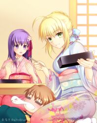 3girls =_= ahoge artoria_pendragon_(fate) blonde_hair blue_kimono braid breasts chopsticks commentary_request fate/stay_night fate_(series) flower fujimura_taiga giving_up_the_ghost green_eyes hair_flower hair_ornament hair_ribbon hisohiso_(altoblue) holding holding_bento holding_chopsticks japanese_clothes kimono large_breasts matou_sakura multiple_girls obi open_mouth pink_kimono purple_eyes purple_hair ribbon saber_(fate) sash seiza short_hair signature sitting sleeping smile socks table twitter_username white_socks wide_sleeves