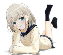 1girl absurdres black_socks blue_skirt blush cardigan collarbone commentary_request cpk_prd earrings feet_up grey_hair grin head_rest highres idolmaster idolmaster_shiny_colors jewelry looking_at_viewer lying no_shoes on_stomach plaid_clothes plaid_skirt pleated_skirt school_uniform serafuku serizawa_asahi simple_background skirt smile socks solo white_background white_cardigan
