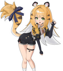 1girl absurdres animal_ears black_shirt black_shorts blonde_hair blue_bow bow cropped_jacket elbow_gloves fingerless_gloves gloves highres hoduttang jacket ju_fufu looking_at_viewer multicolored_hair shirt shorts smile solo tail tail_bow tail_ornament thigh_strap tiger_ears tiger_girl tiger_tail two-tone_hair white_hair yellow_jacket zenless_zone_zero