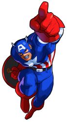 1boy absurdres american_flag american_flag_print belt bengus blue_pants boots captain_america clenched_teeth flag_print from_above full_body game_cg gloves highres leg_up male_focus marvel marvel_super_heroes_vs._street_fighter marvel_vs._capcom mask muscular muscular_male non-web_source official_art pants pointing red_boots red_gloves retro_artstyle shield simple_background solo star_(symbol) steve_rogers superhero_costume teeth white_background