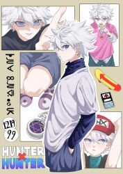 1boy arms_behind_head blue_eyes blue_shorts copyright_notice hands_in_pockets highres hunter_x_hunter killua_zoldyck male_focus messy_hair multiple_views pink_shirt shaded_face shirt short_hair shorts skateboard solo soru_r2 squatting white_hair white_shirt
