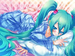 1girl aqua_hair aqua_nails barefoot blue_eyes blush female_focus hair_bobbles hair_ornament hatsune_miku hisasi long_hair looking_at_viewer lying nail_polish pajamas pillow smile solo twintails very_long_hair vocaloid yamaha