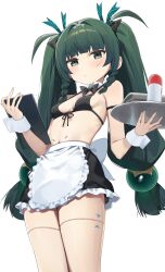 1girl absurdres android apron bikini bikini_top_only blunt_bangs blush bow bowtie braid breasts commentary_request cowboy_shot detached_collar green_eyes green_hair hair_bow hair_ornament highres holding holding_tray huge_filesize korean_commentary loli long_hair looking_at_viewer lube maid_apron navel qingyi_(zenless_zone_zero) side_braids simple_background skirt small_breasts solo standing sweatdrop swimsuit syhan thighs tray twin_braids twintails white_apron white_background wrist_cuffs zenless_zone_zero