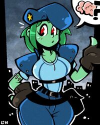 Rule 34 | 1girl, ?, alternate hairstyle, beret, brain, breasts, colored skin, cosplay, green hair, green skin, hand on own hip, hat, jill valentine, jill valentine (cosplay), legendofnerd, police, police uniform, red eyes, resident evil, rottytops, shantae (series), solo, speech bubble, wide hips