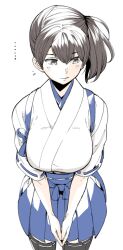 1girl blue_hakama blush breasts brown_eyes brown_hair cowboy_shot embarrassed hakama hakama_skirt ifuji_shinsen japanese_clothes kaga_(kancolle) kantai_collection large_breasts short_hair short_sidetail side_ponytail skirt solo thighhighs