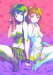 10s 2girls back-to-back bare_shoulders black_footwear black_gloves black_hair boots breasts brown_eyes brown_hair capelet choker cleavage collarbone dress elbow_gloves female_focus fingerless_gloves from_side gloves gradient_background green_eyes green_skirt hat high_heels highres holding holding_hands holding_unworn_clothes holding_unworn_hat jewelry knee_boots long_hair looking_at_viewer medium_breasts midriff multiple_girls navel neck necklace off_shoulder ogiso_setsuna parted_lips peaked_cap scrunchie shoes skirt small_breasts smile snowflake_necklace snowflakes strap_slip strapless strapless_dress suspenders tank_top thighhighs touma_kazusa two_side_up unworn_hat unworn_headwear utu_(ldnsft) white_album_(series) white_album_2 white_dress white_gloves white_legwear