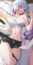 2girls black_shorts blush bra breasts dolphin_shorts hanzdayo highres holding holding_phone honkai:_star_rail honkai_(series) implied_yuri jade_(honkai:_star_rail) large_breasts lying multicolored_hair multiple_girls navel numby_(honkai:_star_rail) on_back on_bed phone pillow purple_hair red_hair short_hair shorts stomach sweat thighs topaz_(honkai:_star_rail) trotter_(honkai:_star_rail) two-tone_hair underwear white_bra