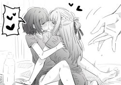 2girls arm_support between_legs blush closed_eyes commentary fingering_gesture greyscale hair_ribbon half_updo heart kiss long_hair lwmina70119 miyagi_shiori monochrome multiple_girls ribbon sendai_hazuki shirt short_hair short_sleeves shuuniichido_classmate_wo_kau_hanashi sidelocks yuri