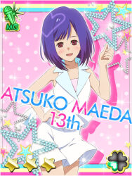 1girl :d akb0048 card_(medium) character_name cowboy_shot drop_shadow hand_on_own_hip hand_up heart jacket looking_at_viewer maeda_atsuko_(akb0048) non-web_source official_art open_mouth pink_background pink_shirt purple_eyes purple_hair shirt short_hair shorts sleeveless sleeveless_jacket smile solo sparkle standing star_(symbol) white_jacket white_shorts