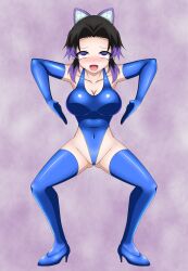 1girl absurdres ahegao barefoot black_hair blue_leotard boots bowlegged_pose breasts butterfly_hair_ornament cameltoe cleavage collarbone corruption covered_navel gloved_sleeves gluteal_fold haigure_pose hair_ornament high_heels highleg highleg_leotard highres kimetsu_no_yaiba kochou_shinobu latex latex_leotard leotard looking_at_viewer mind_control multicolored_hair parted_bangs purple_hair sansiki_high_gle shaded_face short_hair solo thigh_boots v-shaped_eyebrows