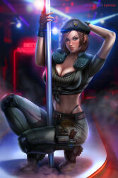 1girl artist_name ayya_sap beret black_gloves blue_eyes blue_hat blue_pants blue_shirt breasts brown_hair cleavage commission crop_top fingerless_gloves gloves hat jill_valentine looking_at_viewer midriff pants patreon_username pole resident_evil shirt short_hair squatting stripper_pole