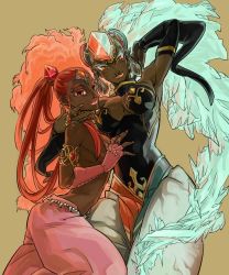 2girls arm_up armlet asymmetrical_hair bad_id bad_pixiv_id big_nose breasts dark-skinned_female dark_skin detached_sleeves earrings female_focus forehead_jewel gem gerudo hug jewelry large_breasts lips lipstick long_hair makeup mind_control multiple_girls nabooru nail_polish naughty_face nazuna_higurasi necklace nintendo open_mouth orange_eyes pants parted_lips ponytail red_eyes red_hair smile the_legend_of_zelda the_legend_of_zelda:_ocarina_of_time topless_female twinrova twintails yellow_eyes yuri