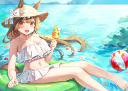 Rule 34 | 1girl, absurdres, animal ears, ball, beachball, bikini, bikini skirt, breasts, brown hair, cleavage, food, fruit popsicle, green innertube, green nails, hat, highres, holding, holding food, holding popsicle, horse ears, horse tail, innertube, large breasts, long hair, nail polish, navel, ocean, on water, popsicle, satono diamond (umamusume), solo, straw hat, summer, sun hat, swim ring, swimsuit, tail, toes, umamusume, water, white bikini, yellow eyes, yoru usagi
