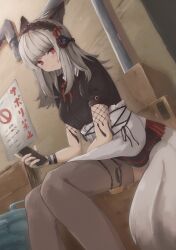 1girl absurdres animal_ears arknights black_dress black_hairband cellphone closed_mouth commentary_request dress feet_out_of_frame frostleaf_(arknights) grey_hair grey_tail grey_thighhighs hairband headphones highres holding holding_phone light_blush looking_at_viewer maid medium_hair nyo_(fy_1) phone puffy_sleeves red_eyes ribbon-trimmed_hairband ribbon_trim short_dress sitting smartphone solo sweatdrop tail tassel thighhighs
