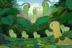 antennae bayleef blue_sky chikorita colored_skin day gen_2_pokemon gen_3_pokemon green_skin jungle leaf lily_pad lotad meganium nature nintendo no_humans outdoors pokemon pokemon_(creature) red_eyes sky squeegool water