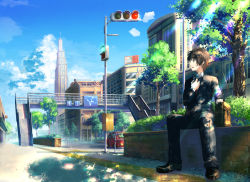 1boy bridge brown_hair car city day formal_clothes gahakuna_kuroneko landscape light_rays male_focus motor_vehicle necktie original pedestrian_bridge scenery semaphore shoes short_hair sitting sky slice_of_life solo stairs suit sunbeam sunlight tower traffic_light traffic_signals tree urban