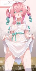 1girl absurdres aqua_eyes aqua_hair blush braid breasts clothes_lift commentary_request dress dress_lift excella_(delltothu) highres honkai:_star_rail honkai_(series) hyacine_(honkai:_star_rail) lifting_own_clothes medium_breasts multicolored_hair open_mouth pink_hair see-through_clothes see-through_dress solo thighs twin_braids twintails two-tone_hair wet wet_clothes wet_dress white_dress
