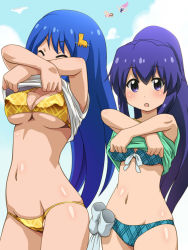 10s 2girls :o awa bandou_marimo bikini blue_bikini blue_eyes blue_hair blush bow bow_bikini breasts closed_eyes clothes_lift cowboy_shot hair_ornament hairpin long_hair looking_at_viewer medium_breasts multiple_girls no_pants oshimoto_yuri ponytail shinjou_kanae_(teekyuu) shiny_skin shirt_lift skindentation small_breasts standing strap_gap swimsuit teekyuu underboob undressing yellow_bikini