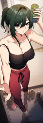 1girl asymmetrical_hair barefoot beer_can black_camisole breasts camisole can cigarette cleavage commentary doorway drink_can english_commentary feet fingernails full_body green_eyes green_hair hair_intakes highres holding holding_can holding_cigarette indoors looking_at_viewer original pants ponytail red_pants red_shoes shoes short_ponytail sneakers solo standing sungwon toes unworn_shoes