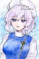 1girl 2zuz4hru blue_background blue_vest breasts commentary_request hat highres juliet_sleeves lapel_pin large_breasts letty_whiterock long_sleeves medium_hair painting_(medium) parted_lips puffy_sleeves purple_eyes purple_hair shirt simple_background solo touhou traditional_media vest watercolor_(medium) white_background white_hat white_shirt