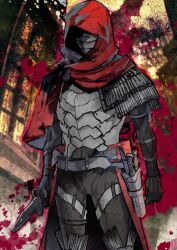 1boy akira_(kaned_fools) armor arms_at_sides belt black_gloves black_pants black_shirt boots breastplate cape capelet covered_eyes covered_mouth cowboy_shot dark-skinned_male dark_skin emiya_kiritsugu emiya_kiritsugu_(assassin) fate/grand_order fate_(series) gloves grey_belt grey_boots grey_mask holding holding_knife hood hood_up hooded_capelet knife knife_sheath long_sleeves male_focus mask mouth_mask official_art pants phantasm_punishment_(fate) red_cape red_capelet red_hood sheath shirt shoulder_armor solo splatter standing thigh_strap third-party_source variant_set waist_cape