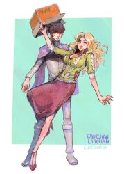 1boy 1girl blonde_hair boots border box breasts brown_hair cape cardboard_box classicaloid cleavage eyeshadow franz_liszt_(classicaloid) frederic_chopin_(classicaloid) full_body green_shirt grey_boots grey_pants grey_shirt gumiuchi high_heels long_hair long_sleeves makeup open_mouth pants purple_cape red_shoes red_skirt shirt shoes short_hair side_slit skirt white_border