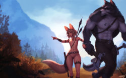 1boy 1girl abs animal_ears armlet artist_name axe backlighting belt blue_eyes body_fur braid cleft_of_venus couple day earrings einar_(personal_ami) fantasy flat_chest flintstone forest fox_ears fox_tail furry furry_male furry_with_non-furry gluteal_fold grey_fur height_difference hetero highres holding holding_axe interspecies jewelry khiara_(personal_ami) light_brown_hair long_tail mountain muscular muscular_male nature necklace nude orange_eyes original outdoors pendant personal_ami petite pointing pointing_forward polearm pussy sheath sheathed shield short_hair snout spear sword tail thick_thighs thighs tooth_necklace topless_male tribal uncensored vambraces walking weapon weapon_on_back werewolf wide_hips wolf_ears wooden_shield