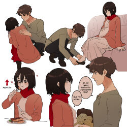 1boy 1girl adjusting_another&#039;s_clothes black_footwear black_hair black_pants blush breasts brown_hair closed_eyes couple dress eating english_text eren_yeager fork grey_shirt hair_between_eyes hand_on_another&#039;s_back hand_on_own_stomach hetero highres holding holding_fork holding_knife jacket knife maternity_dress medium_breasts mikasa_ackerman pants parted_lips pink_jacket pout pregnant putting_on_footwear red_scarf red_skirt reifuji scarf shingeki_no_kyojin shirt short_hair sick sitting skirt smile speech_bubble sweatdrop white_background white_dress white_shirt
