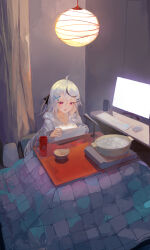 1girl :d absurdres ahoge black_hair bowl ceiling_light cup grey_hair hair_ornament hairclip highres hood hood_down hoodie ichika_(ichika87) indoors kotatsu long_hair long_sleeves monitor mug multicolored_hair open_mouth red_eyes sbi_e-sports screen_light shunsui_rei sitting smile solo streaked_hair table two-tone_hair virtual_youtuber white_hoodie x_hair_ornament