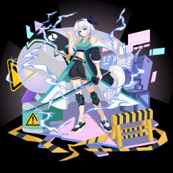 Rule 34 | 1girl, absurdres, alternate costume, bare shoulders, barrel, belt charm, black background, black coat, black hairband, black ribbon, black shorts, blue eyes, building, caution tape, charm (object), coat, commentary request, crate, emoticon, green skirt, green sports bra, grey hair, hairband, hand up, highres, holding, holding sword, holding weapon, katana, knee guards, konpaku youmu, konpaku youmu (ghost), lightning, midriff, pavement, radio antenna, ribbon, roadblock, shiguang wuxia, shoes, short hair, shorts, sign, skirt, sneakers, solo, sports bra, sword, sword tassel, tassel, touhou, warning sign, weapon