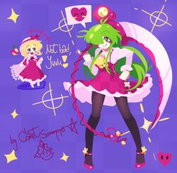 Rule 34 | 1girl, 2girls, artist name, ascot, black pantyhose, blonde hair, blue background, bow, breasts, comet summoner98, dress, elly (touhou), flower, green eyes, green hair, hat, heart, highres, holding, holding scythe, kazami yuuka, kazami yuuka (pc-98), long hair, long sleeves, multiple girls, open mouth, pantyhose, plaid clothes, plaid vest, red dress, red eyes, ribbon, scythe, shirt, short hair, skirt, smile, spoken heart, talking, touhou, touhou (pc-98), vest, yellow eyes