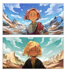 Rule 34 | 2boys, aged down, alternate hair length, alternate hairstyle, ameliecausse, androgynous, aries muu, bindi, blue sky, cloud, cloudy sky, column lineup, facial mark, forehead mark, hand up, highres, hikimayu, indian clothes, looking at viewer, male focus, mountain, multiple boys, outdoors, parted lips, purple hair, red sash, saint seiya, sash, short hair, shoulder sash, sky, tibetan clothes, unusually open eyes, virgo shaka, wide-eyed