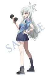 1girl absurdres bandages black_necktie blue_archive blue_shirt dumbbell floral_print_shirt full_body grey_eyes grey_hair grey_halo halo hawaiian_shirt highres holding holding_dumbbell kneehighs konoka_(blue_archive) long_hair mask mask_pull miniskirt mouth_mask necktie open_mouth pleated_skirt sample_watermark shirt shoes short_sleeves skirt smile socks solo syc2159 watermark white_background white_mask