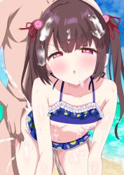 1boy 1girl absurdres bikini blush breasts brown_hair bukkake collarbone commission cum cum_in_pussy cum_on_body cum_on_hair day doggystyle facial hair_ornament hair_ribbon heart heart-shaped_pupils hetero highres hiiragisensei long_hair looking_at_viewer navel nipples ocean ongeki ribbon sex sex_from_behind shinonome_tsumugi skeb_commission small_breasts solo_focus swimsuit symbol-shaped_pupils twintails vaginal