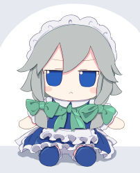Rule 34 | 1girl, :&lt;, absurdres, apron, blue dress, blue eyes, blush stickers, bow, bowtie, braid, closed mouth, commentary, dress, frilled apron, frilled dress, frills, full body, fumo (doll), green bow, green bowtie, grey hair, hair bow, highres, izayoi sakuya, kame (kamepan44231), looking at viewer, maid, maid headdress, short hair, short sleeves, simple background, sitting, solo, touhou, twin braids, white apron, white background
