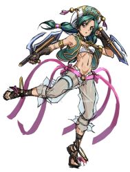 1girl bandeau bare_shoulders bladed_tonfa braid breasts brown_eyes dual_wielding fingerless_gloves full_body gloves green_hair harem_pants hat holding jewelry long_hair looking_at_viewer midriff navel open_mouth pants pink_ribbon ribbon see-through_clothes simple_background solo soul_calibur soulcalibur soulcalibur_iv strapless syunzou talim tonfa tube_top twin_braids twintails weapon white_background