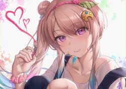 Rule 34 | 1girl, absurdres, airani iofifteen, airani iofifteen (1st costume), denim overalls, drawing on fourth wall, hair bun, heart, highres, holding, holding paintbrush, hololive, hololive indonesia, long hair, paint on body, paintbrush, phoebe (pixiv 55159801), pink hair, purple eyes, scrunchie, side ponytail, virtual youtuber, wrist scrunchie