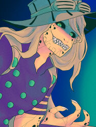 1boy absurdres black_sclera blonde_hair colored_sclera colored_skin commentary commentary_request cracked_skin fingernails goggles goggles_on_headwear gradient_background green_eyes gyro_zeppeli hat high_collar highres jojo_no_kimyou_na_bouken long_hair looking_at_viewer m_a_a_m_8 male_focus monster_boy purple_shirt scary_monsters_(stand) sharp_fingernails sharp_teeth shirt short_sleeves slit_pupils solo steel_ball_run teeth transformation yellow_skin