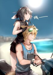 Rule 34 | 1boy, 1girl, absurdres, ahoge, animal ears, arknights, beach, black dress, black eyes, black gloves, black hair, black shorts, blonde hair, blue eyes, blue vest, blurry, blurry background, bracelet, brother and sister, brother and step-sister, chinese commentary, cityscape, closed mouth, collarbone, commentary request, dog boy, dog ears, dog tags, dress, ear piercing, earrings, eyewear on head, feather hair, felo2, fingerless gloves, gloves, green-tinted eyewear, grey shorts, hair between eyes, hair ornament, hairclip, hand on another&#039;s head, hand up, headband, highres, hood, hood down, jewelry, la pluma (arknights), looking ahead, motor vehicle, motorcycle, multiple necklaces, necklace, on motorcycle, open mouth, piercing, ribbon, shorts, siblings, sidelocks, sitting, sleeveless, sleeveless dress, smile, step-brother and step-sister, step-siblings, sun, sunglasses, tequila (arknights), tinted eyewear, translation request, turtleneck, vest, water, white headband, white ribbon