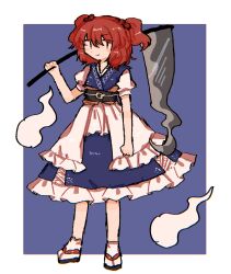 1girl blue_background blue_dress closed_mouth commentary dress full_body ghost hair_bobbles hair_ornament highres holding holding_scythe looking_at_viewer obi onozuka_komachi owatakun red_eyes red_hair sash scythe simple_background smile standing touhou two_side_up
