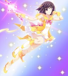 Rule 34 | 1girl, arm garter, armpits, boots, bow, brown hair, chaos;child, chaos;child love chu chu!!, chest bow, collarbone, dress, floating, full body, game cg, gloves, glowing, glowing staff, gradient background, hair between eyes, hair ribbon, hand on own cheek, hand on own face, highres, holding, holding staff, knee boots, knees, looking at viewer, mage staff, magic, magical girl, non-web source, official art, one eye closed, petticoat, pink bow, ribbon, sasaki mutsumi, short hair, simple background, skirt, sleeveless, sleeveless dress, smile, solo, sparkle, sparkling aura, staff, swept bangs, tachibana yui, thick thighs, thighs, upskirt, white boots, white petticoat, wide hips, yellow boots, yellow bow, yellow dress